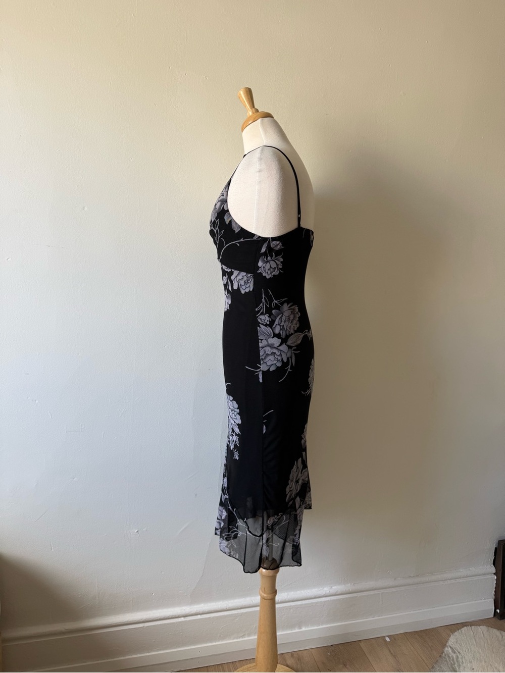 Cool ice Y2K Black Floral Mesh Slip Dress Sheer Hem Goth Coquette - Picture 6 of 10